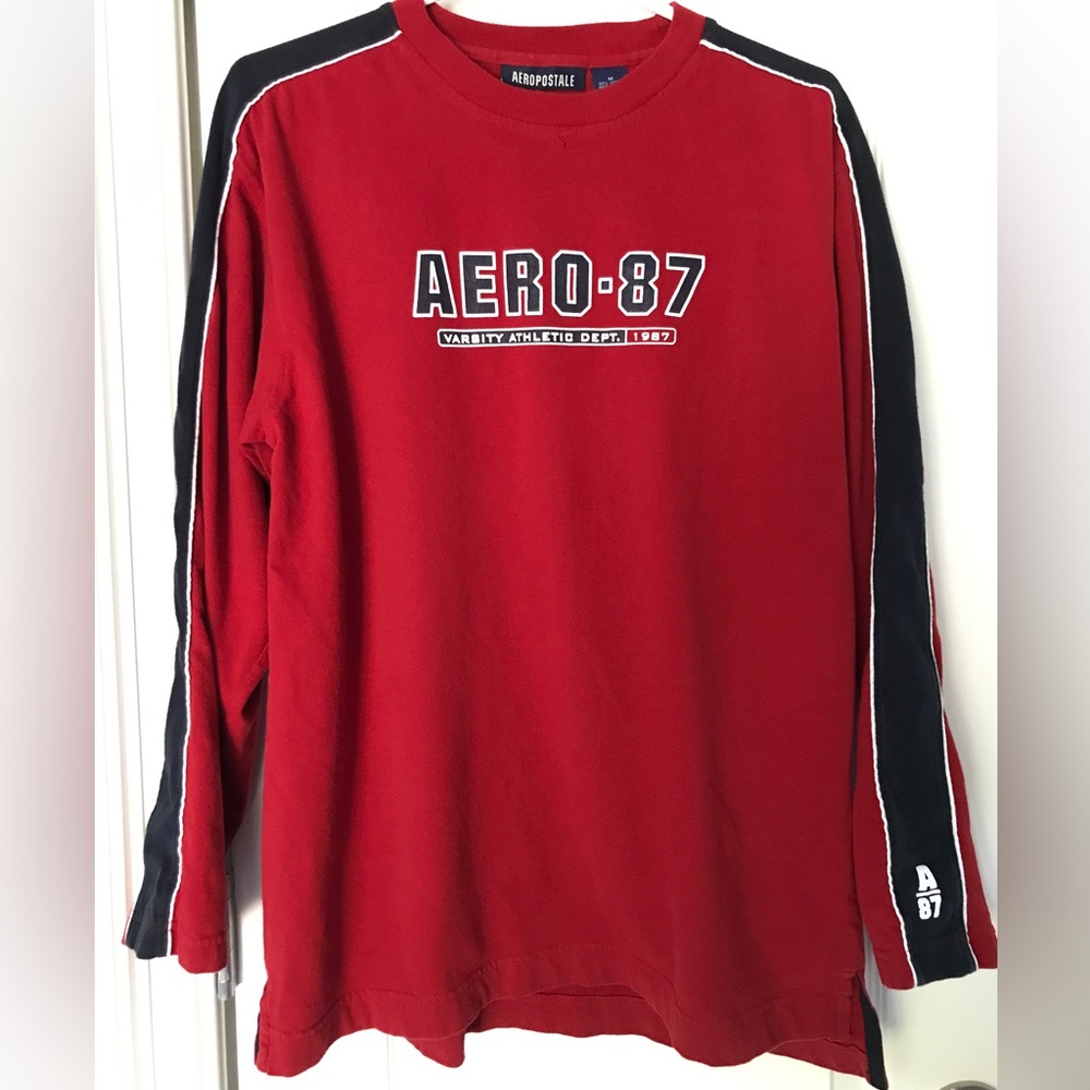Aeropostale long sleeve deep red with blue and white accents. Medium. Excellent